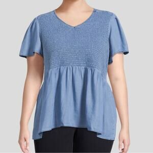 Terra & Sky Smocked Babydoll Top Womens Plus 2X Chambray Blue V-Neck Lyocell